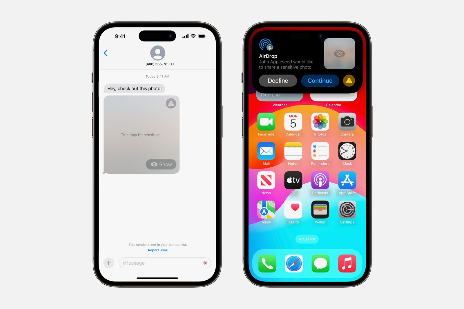 Two iPhones showing security features in the Messages app